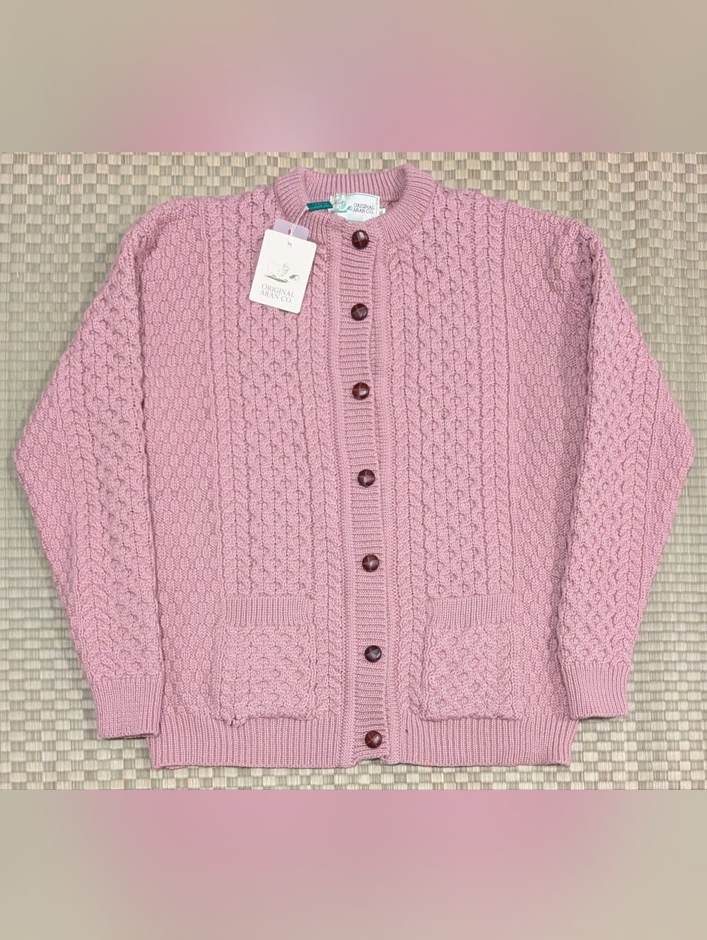 NWT Original Aran Co. 100% Merino Wool Cable Knit Cardigan Pink Women's Size XXL